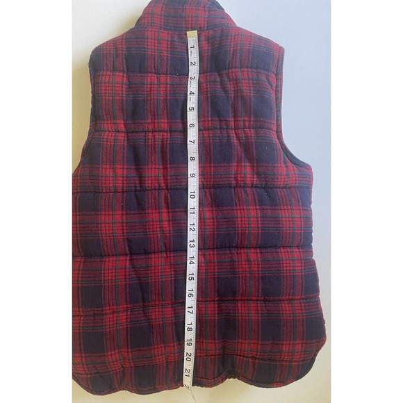 Skies Are Blue Sherpa Lined Plaid Vest Red Blue Pockets Snap Zip Size XS - Picture 8 of 8